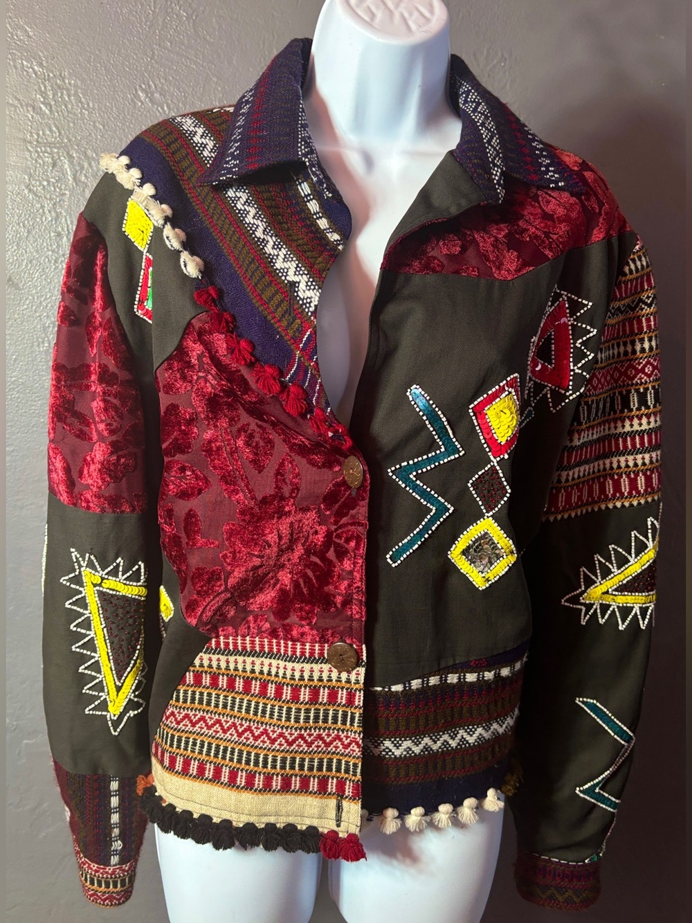 PHOOL vintage mixed-media”Art to Wear" patchwork jacket